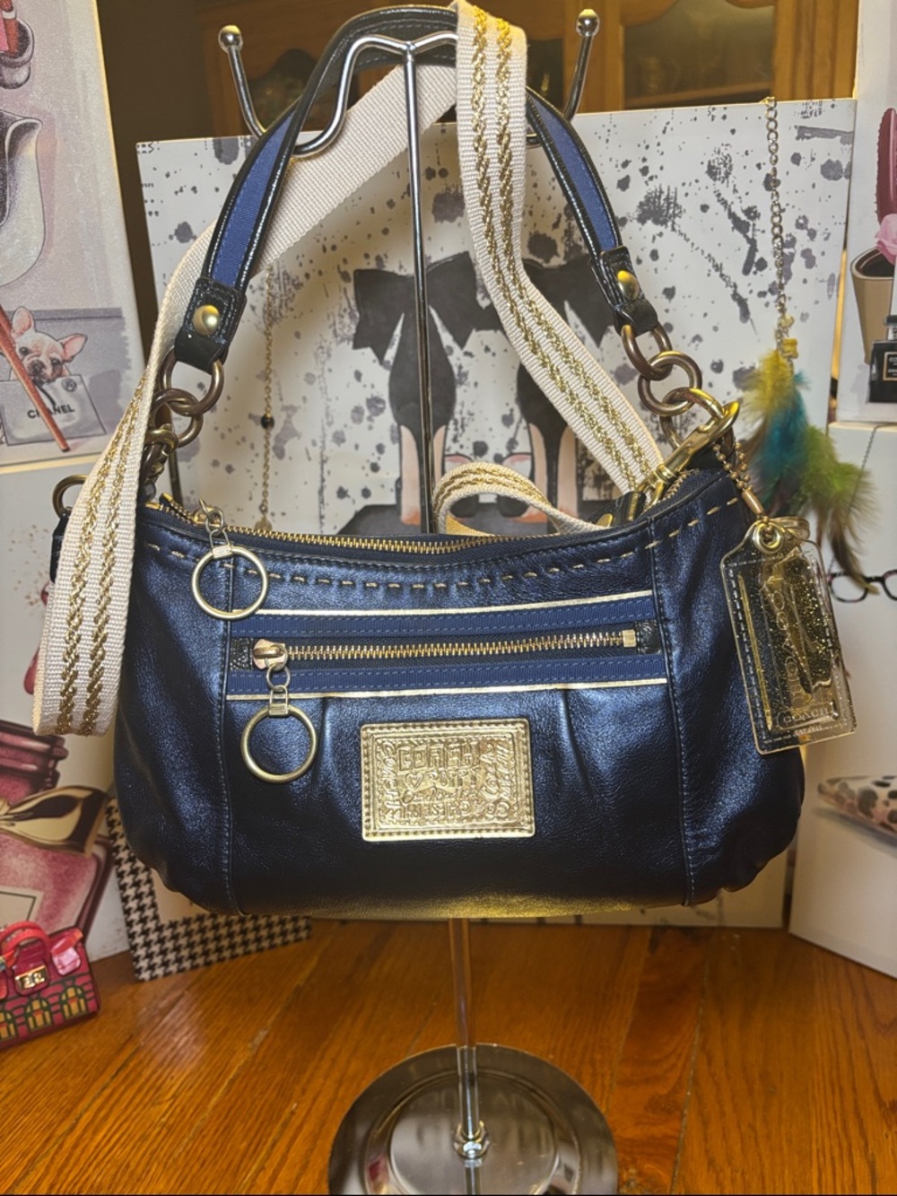 Coach Poppy Navy Blue Leather Crossbody Shoulder Bag/Original Charms & Strap